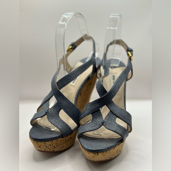 MIU MIU - Leather and Cork Platform Wedges in Jean Blue - Picture 4 of 7